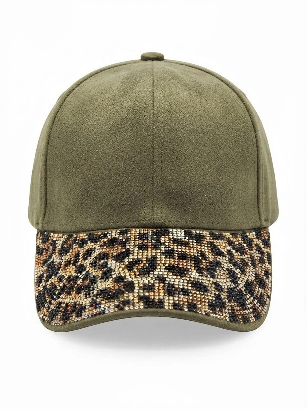 Olive Green Suede-Like Leopard Print Bling Hat
